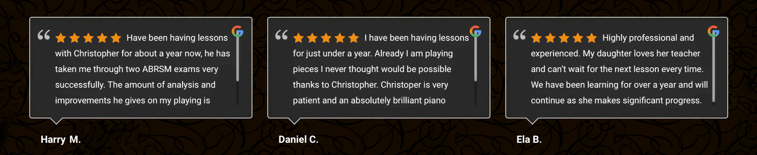 Piano Lessons Wirral - Testimonial Banner - Google Reviews